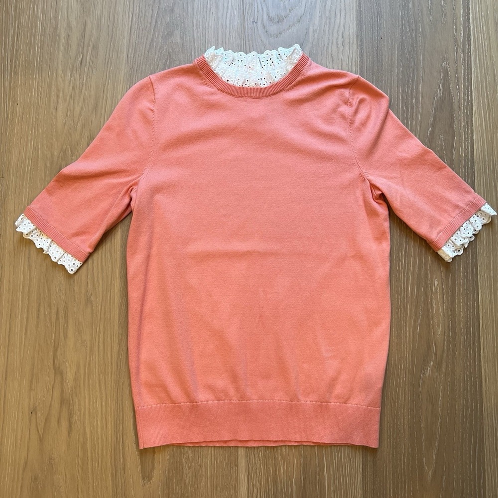 Boden Womens S Coral Knit Top White Eyelet Ruffle Collar Short Sleeve Cotton